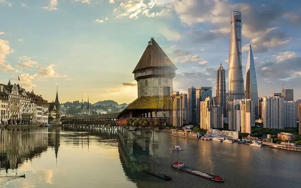 瑞士卢塞恩与上海的影像相互交融